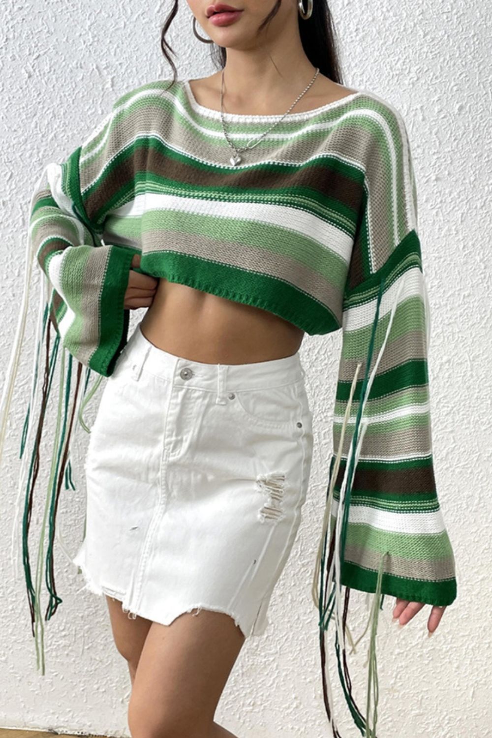 Fringe Striped Round Neck Knit Top