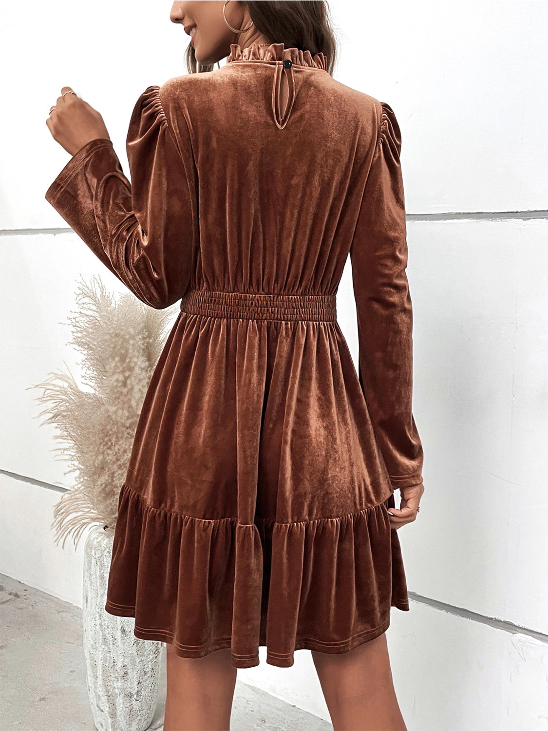 Smocked Long Sleeve Ruffle Hem Dress