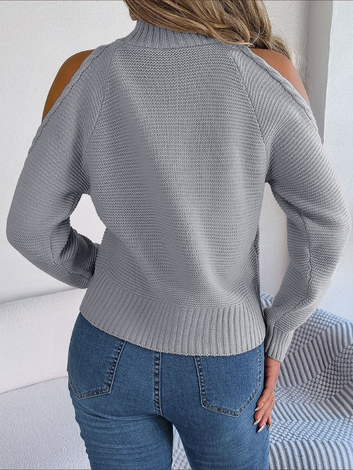 Cable-Knit Turtleneck Cold Shoulder Sweater