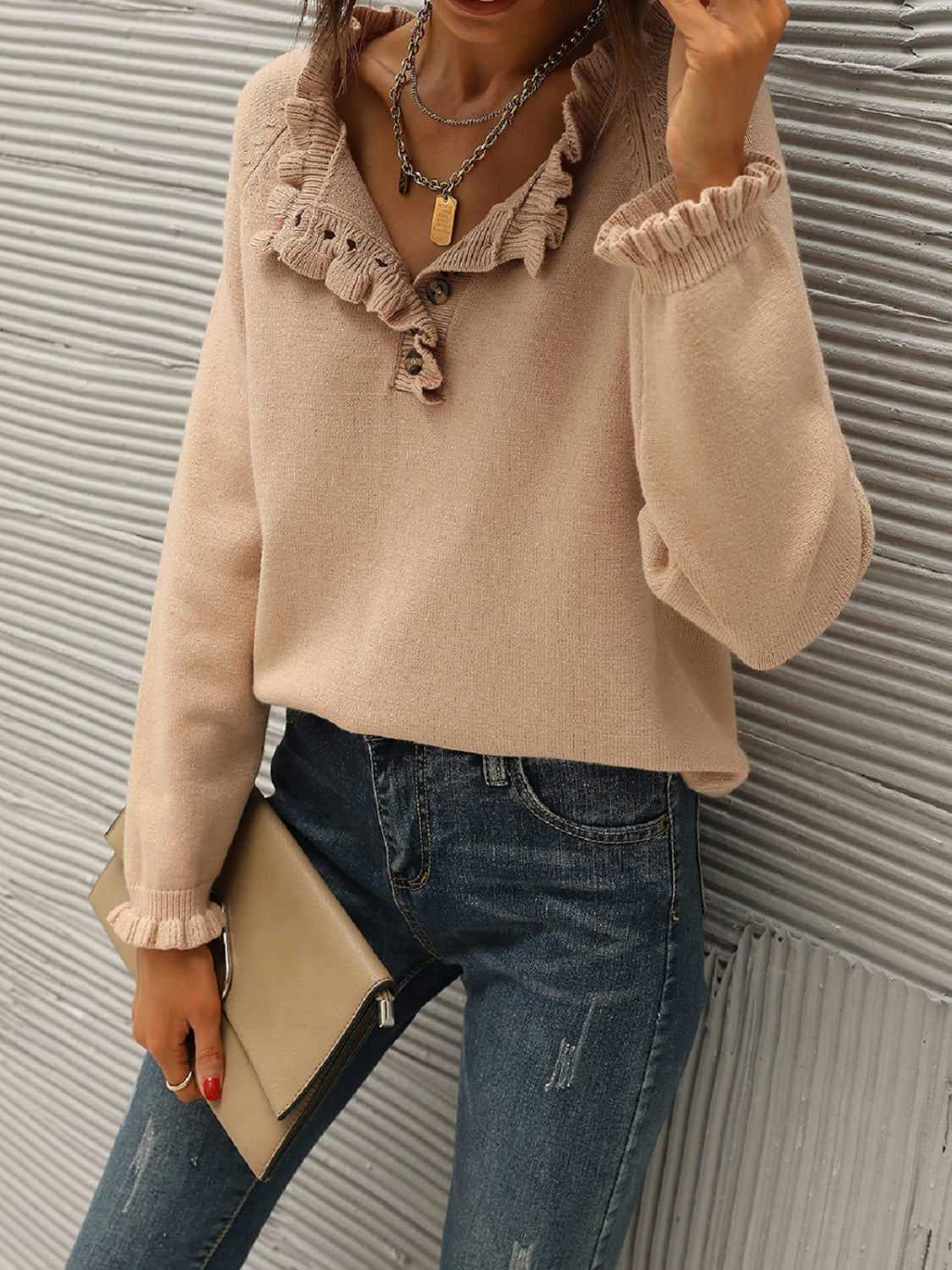 Ruffled Quarter-Button Sweater