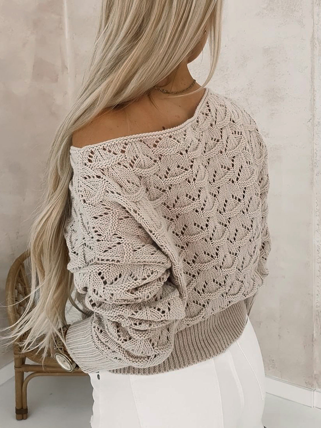 Openwork Plain Pullover Sweater