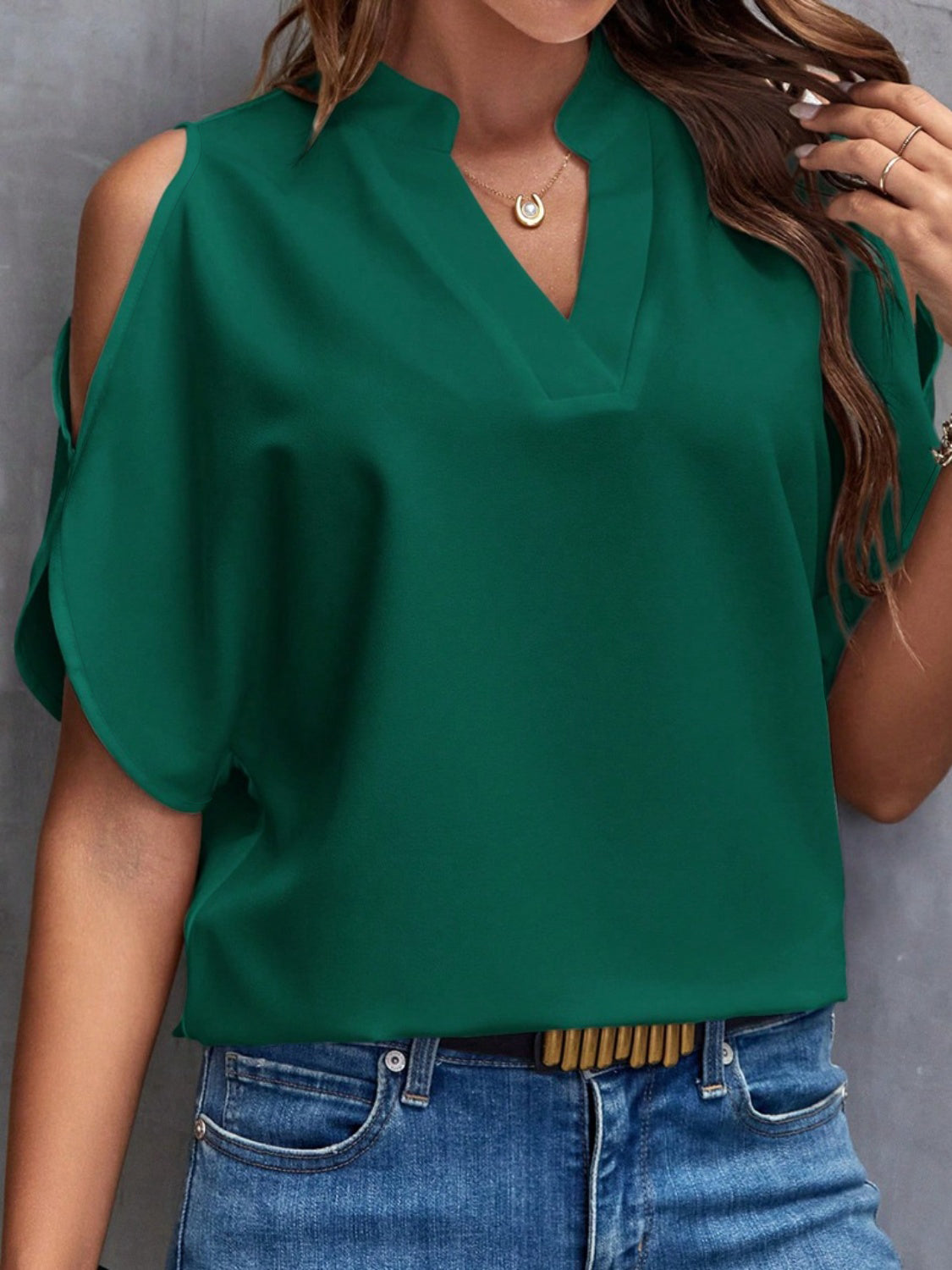 Notched Cold Shoulder Blouse