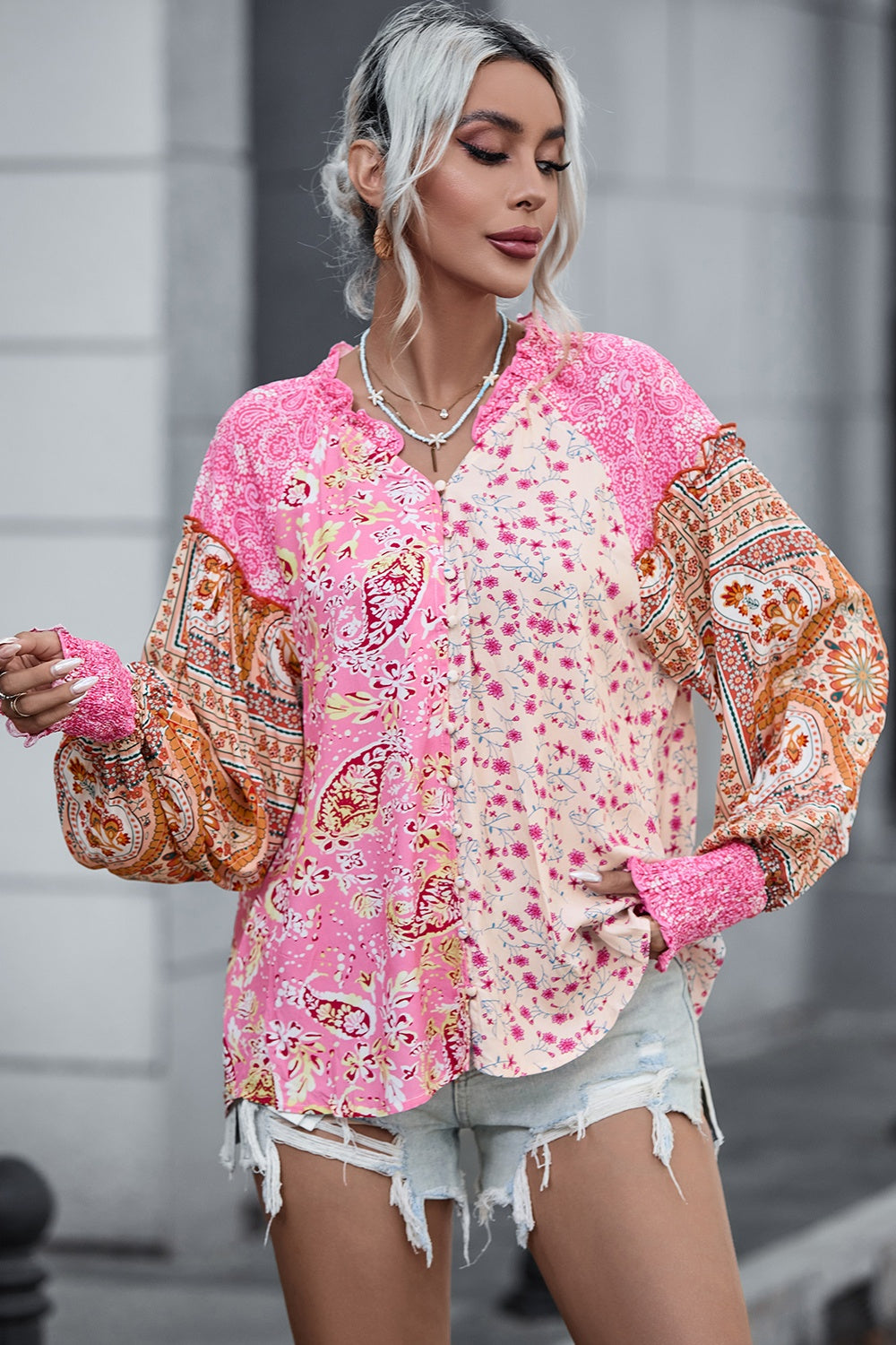 Floral Printed Puff Sleeve V-Neck Shirt