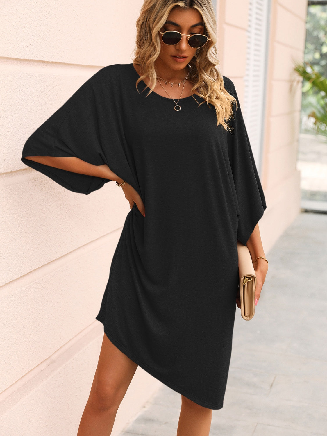 Round Neck Three-Quarter Sleeve Tee Dress