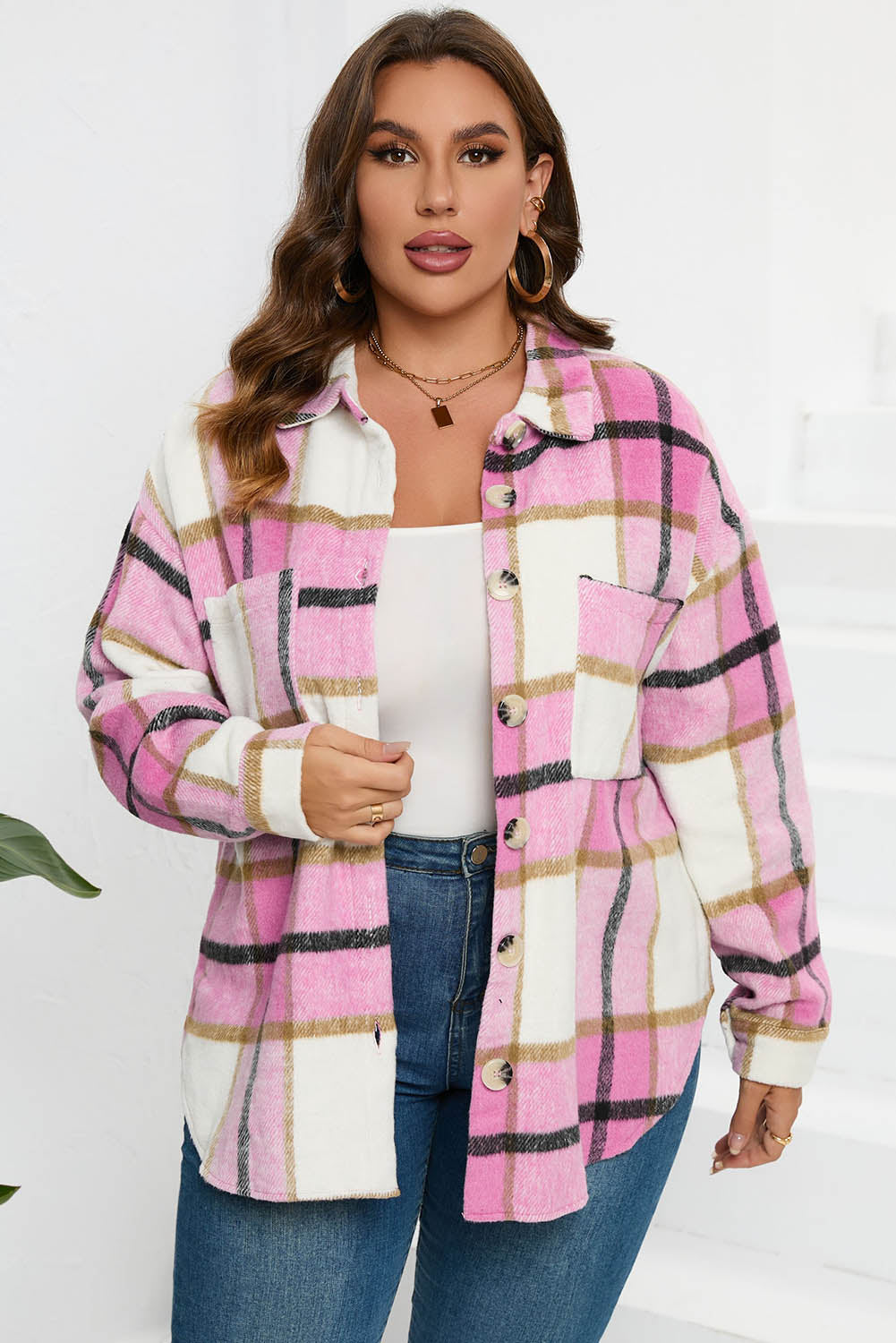 Plaid Button Up Dropped Shoulder Jacket