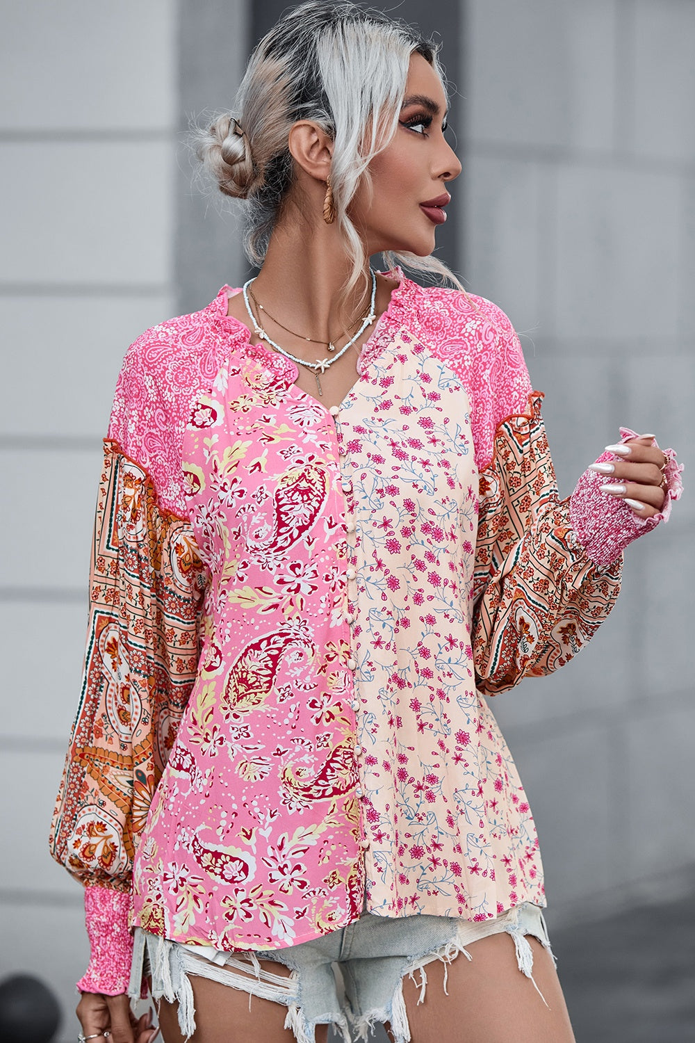 Floral Printed Puff Sleeve V-Neck Shirt